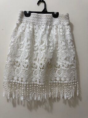 Girl’s White Crochet Fringe A-Line Skirt